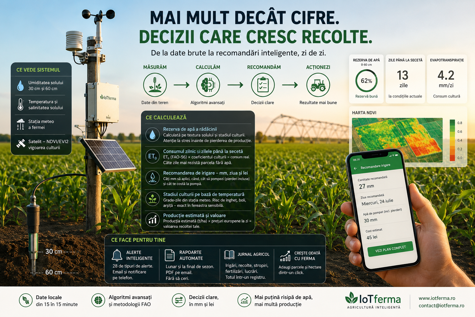 Telefon în mâna unui fermier pe câmp, cu aplicația iotferma arătând rezerva de apă a solului și recomandarea de irigare pentru parcelă