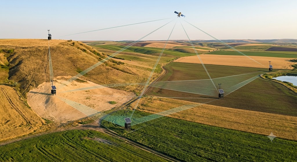 Rețea de stații LoRaWAN și un gateway pe deal, sub un satelit, acoperind parcele cu relief ondulat