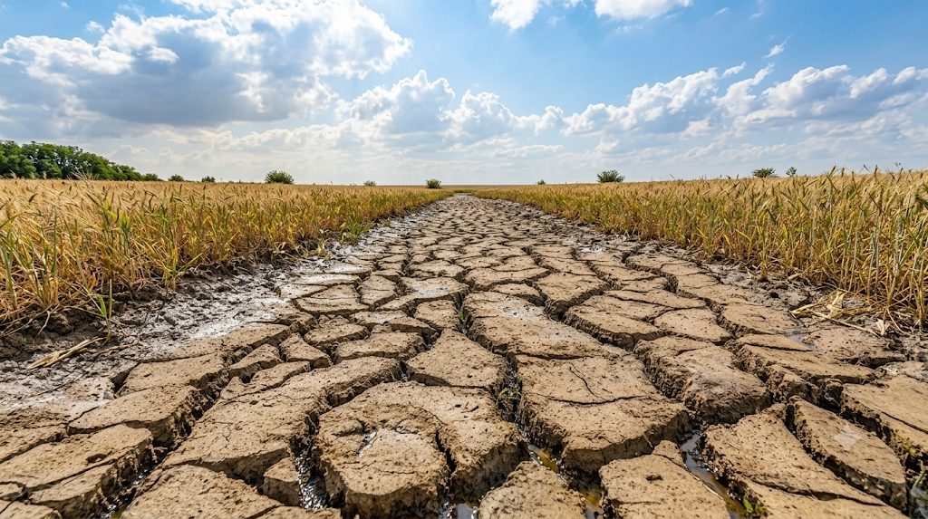 Sol agricol uscat și crăpat din cauza secetei, sub un cer senin